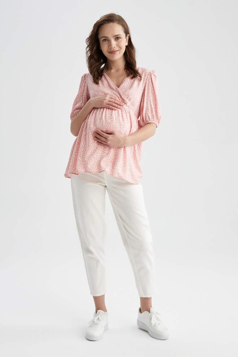 Regular Fit V Yaka Desenli Hamile Bluz Tunik