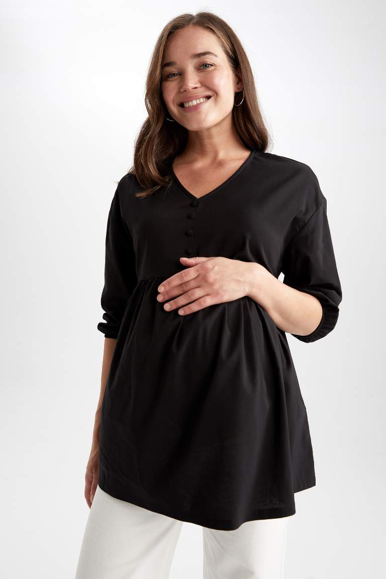 Regular Fit Basic Buttoned V-Neck Ruffle Maternity Tunic Blouse