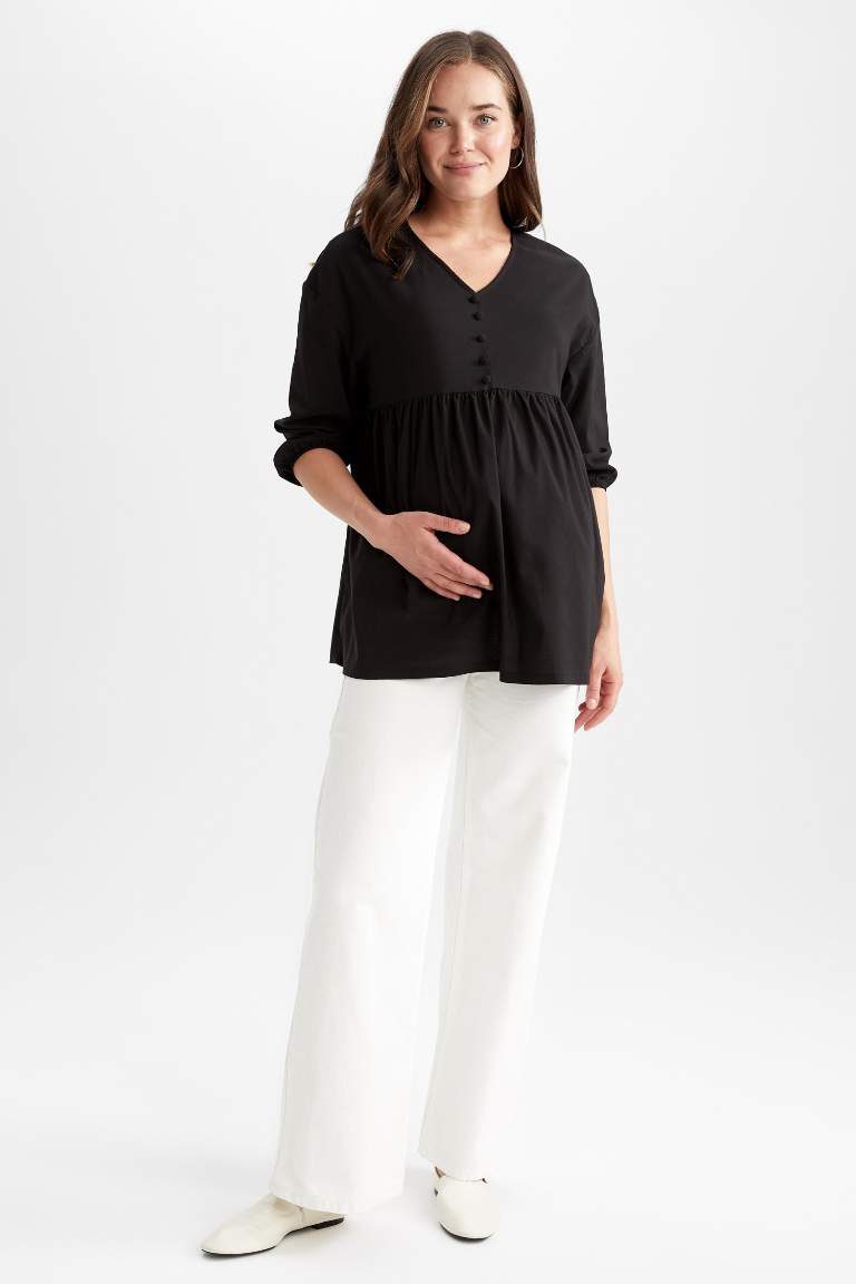 Regular Fit Basic Buttoned V-Neck Ruffle Maternity Tunic Blouse