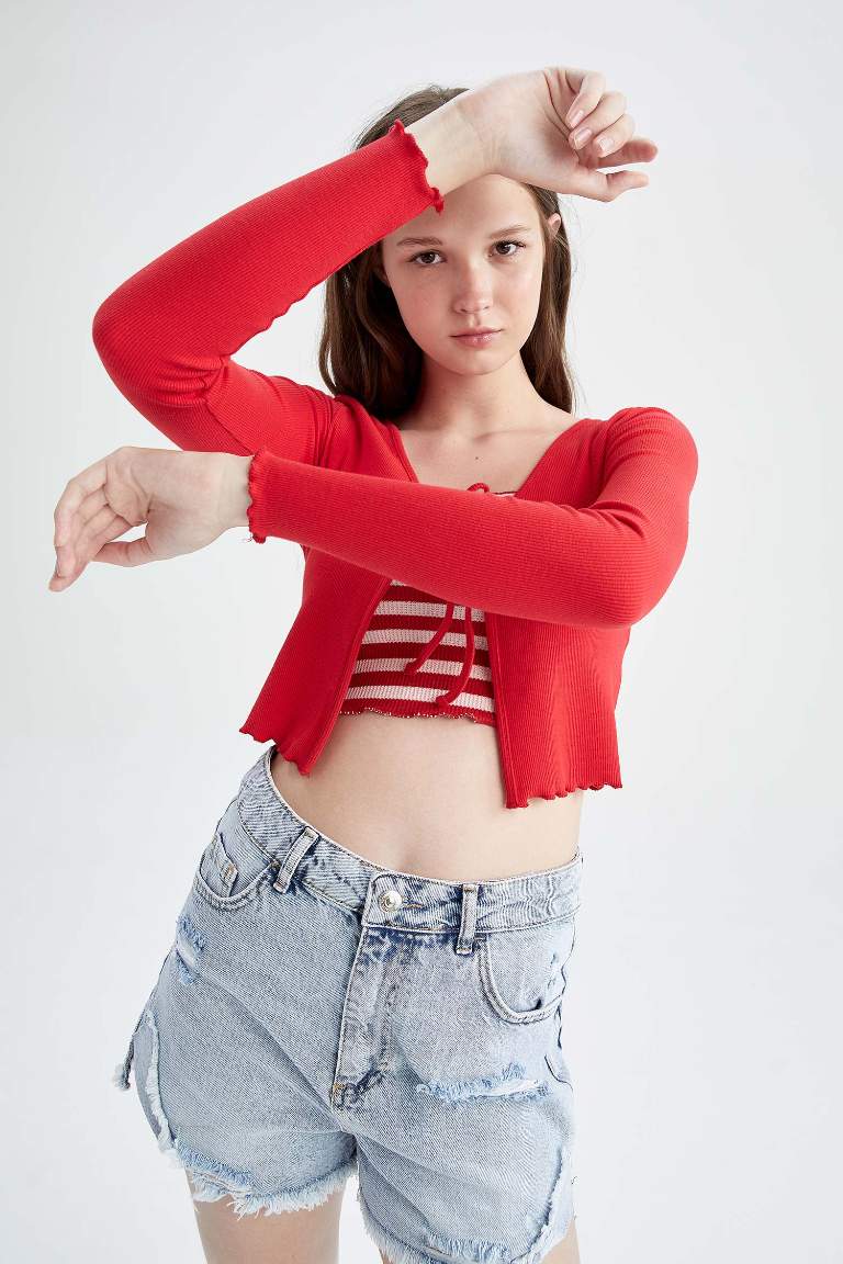 Slim Fit Bağlama Detaylı Uzun Kollu Crop Fitilli Kırmızı Hırka