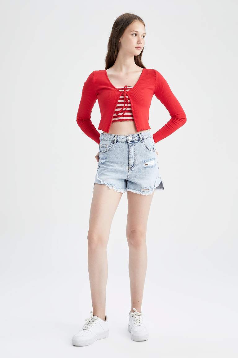 Slim Fit Bağlama Detaylı Uzun Kollu Crop Fitilli Kırmızı Hırka