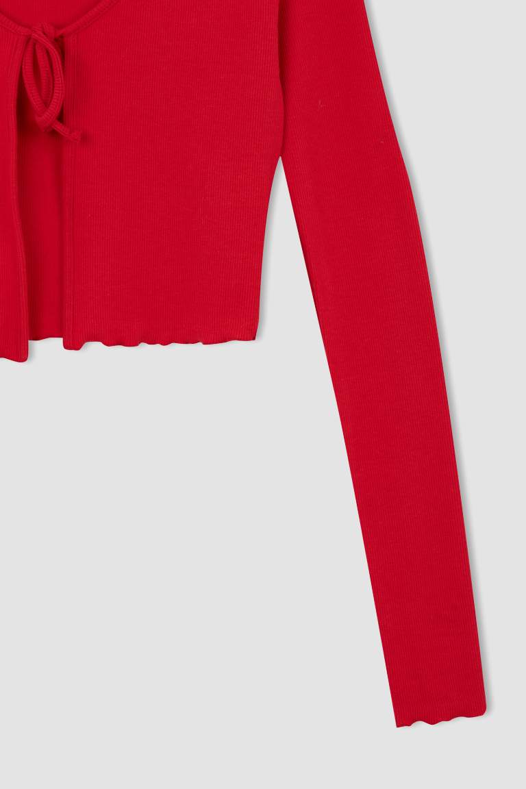 Slim Fit Bağlama Detaylı Uzun Kollu Crop Fitilli Kırmızı Hırka