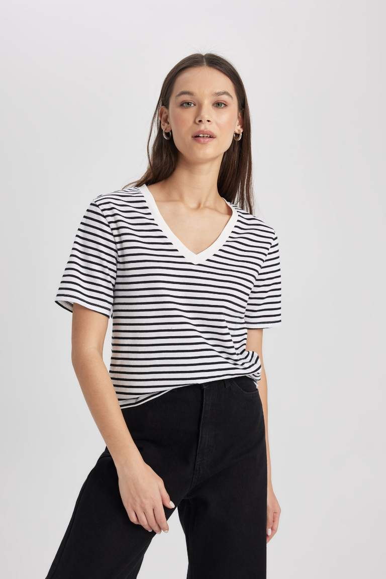 Regular Fit V Neck Striped Basic T-Shirt