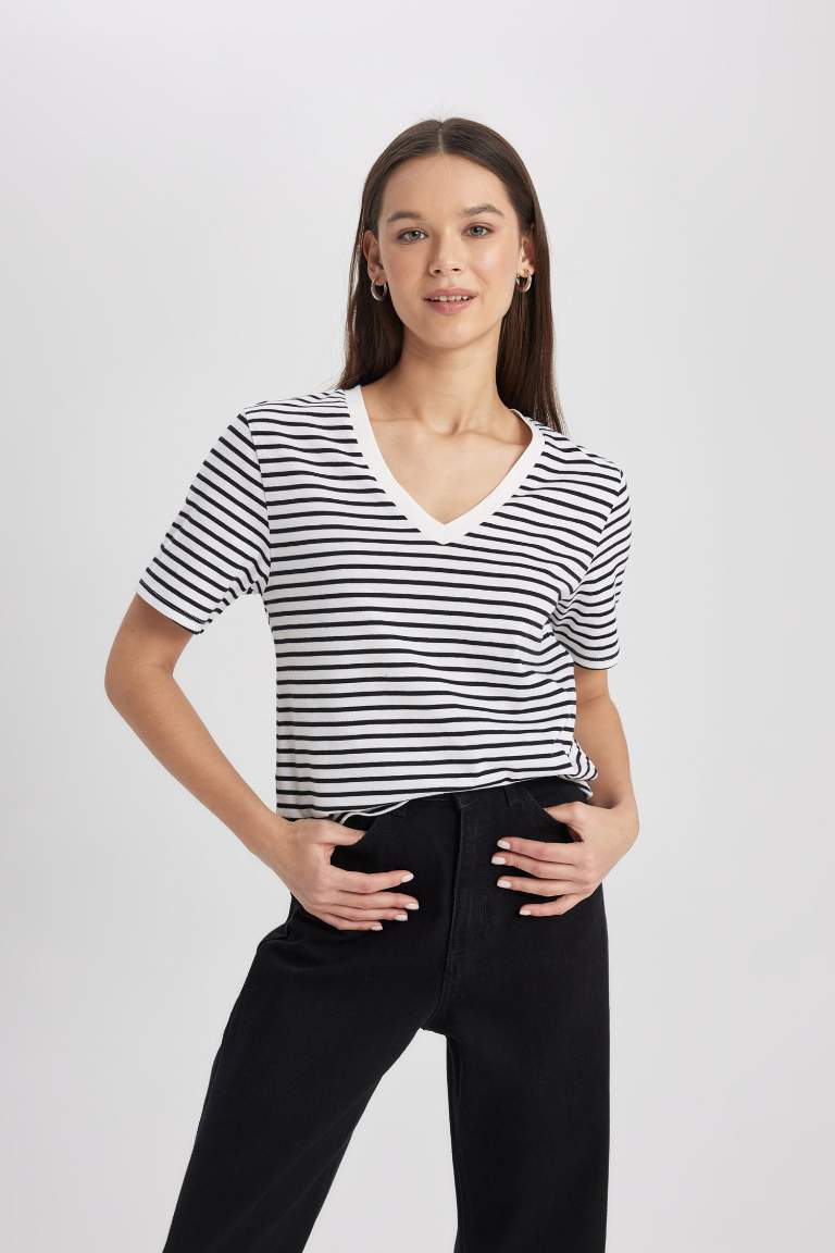 Regular Fit V Neck Striped Basic T-Shirt