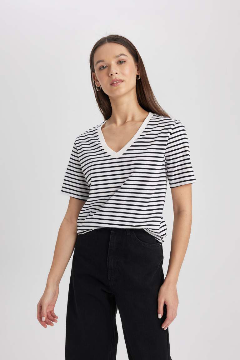 Regular Fit V Neck Striped Basic T-Shirt