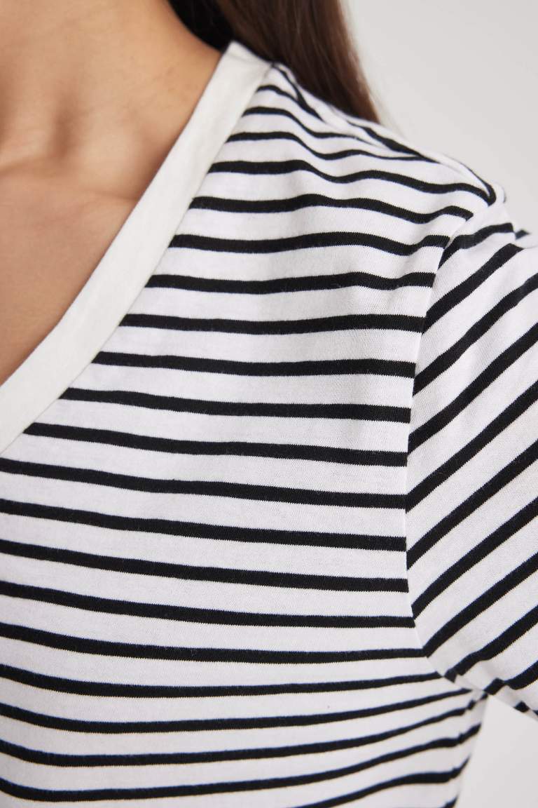 Regular Fit V Neck Striped Basic T-Shirt