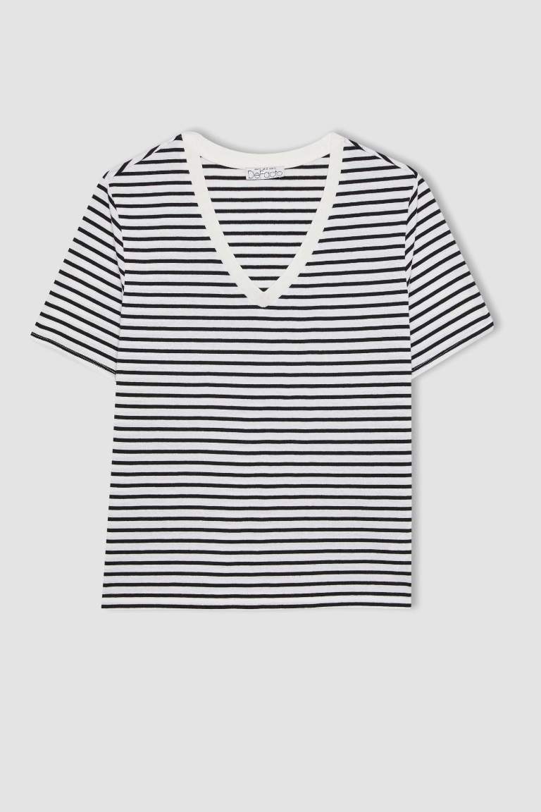 Regular Fit V Neck Striped Basic T-Shirt