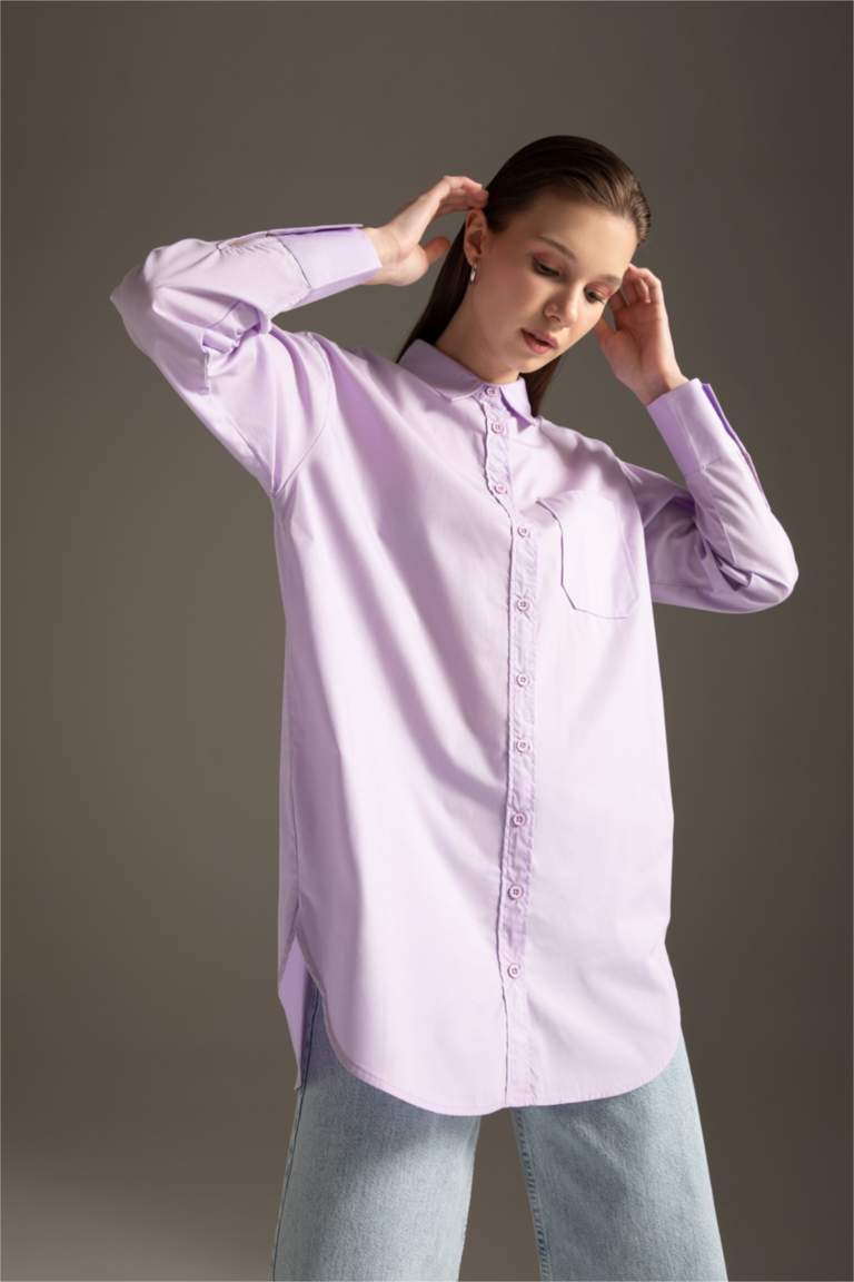 Regular Fit Tek Cepli Uzun Kollu Poplin Gömlek %100 Pamuk Tunik