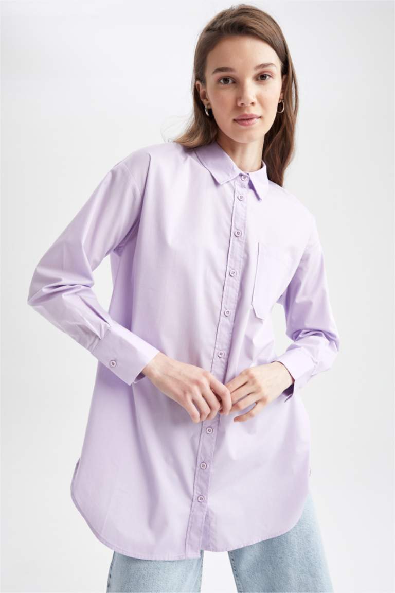 Regular Fit Tek Cepli Uzun Kollu Poplin Gömlek %100 Pamuk Tunik