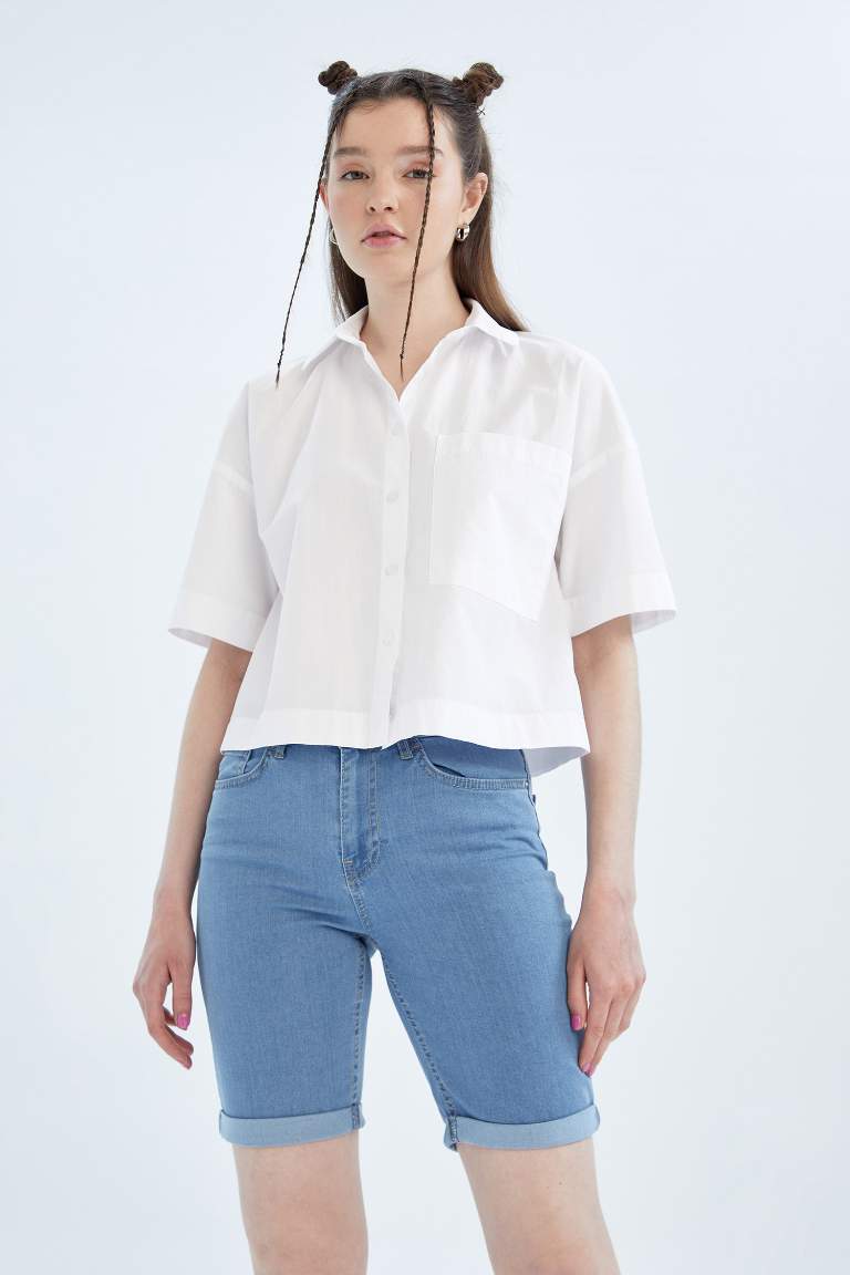 Short en Jean Plié à Taille Régulière