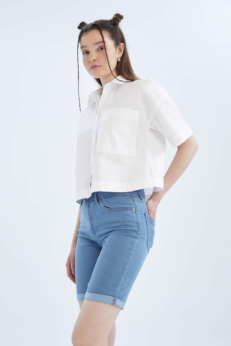 Short en Jean Plié à Taille Régulière