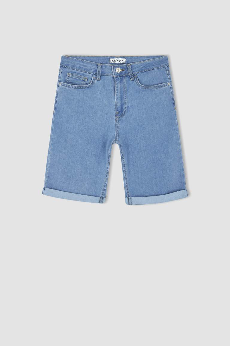 Short en Jean Plié à Taille Régulière