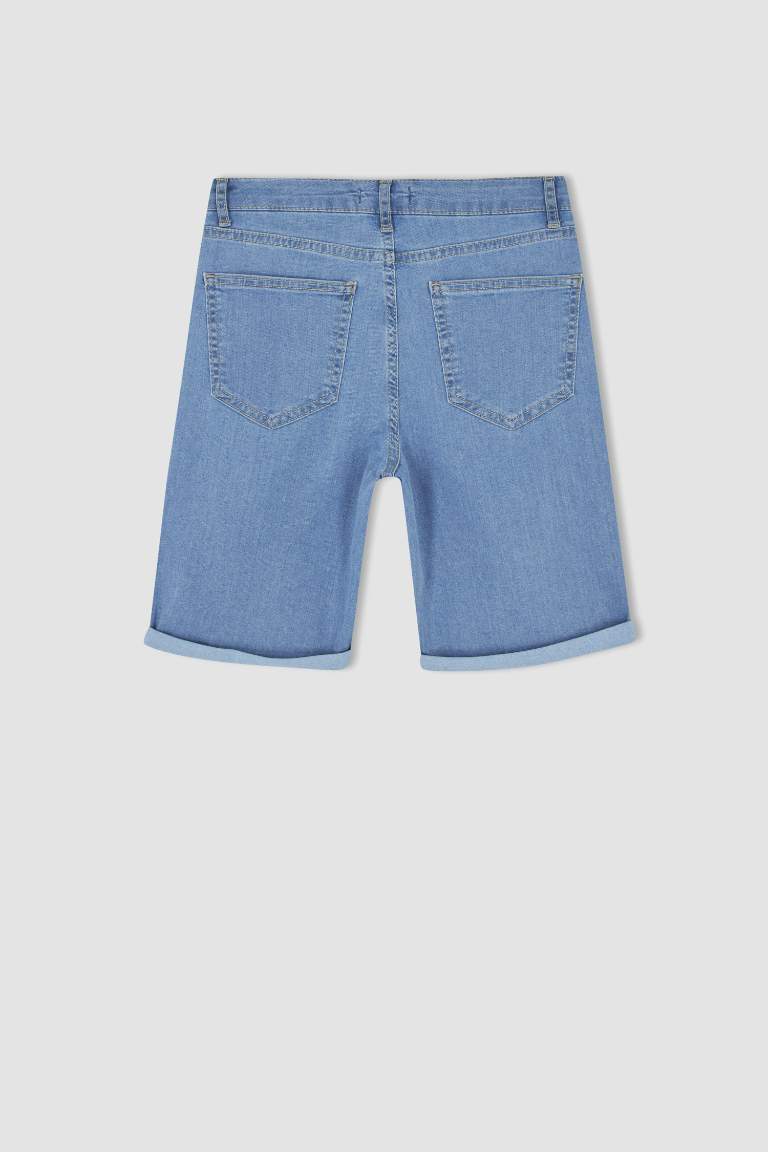 Short en Jean Plié à Taille Régulière