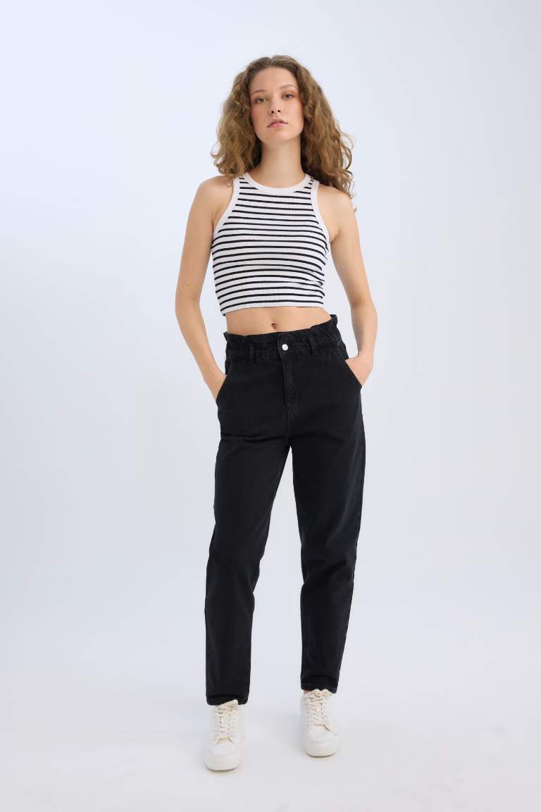 Fitted Crew Neck Striped Ribbed Camisole Crop Top