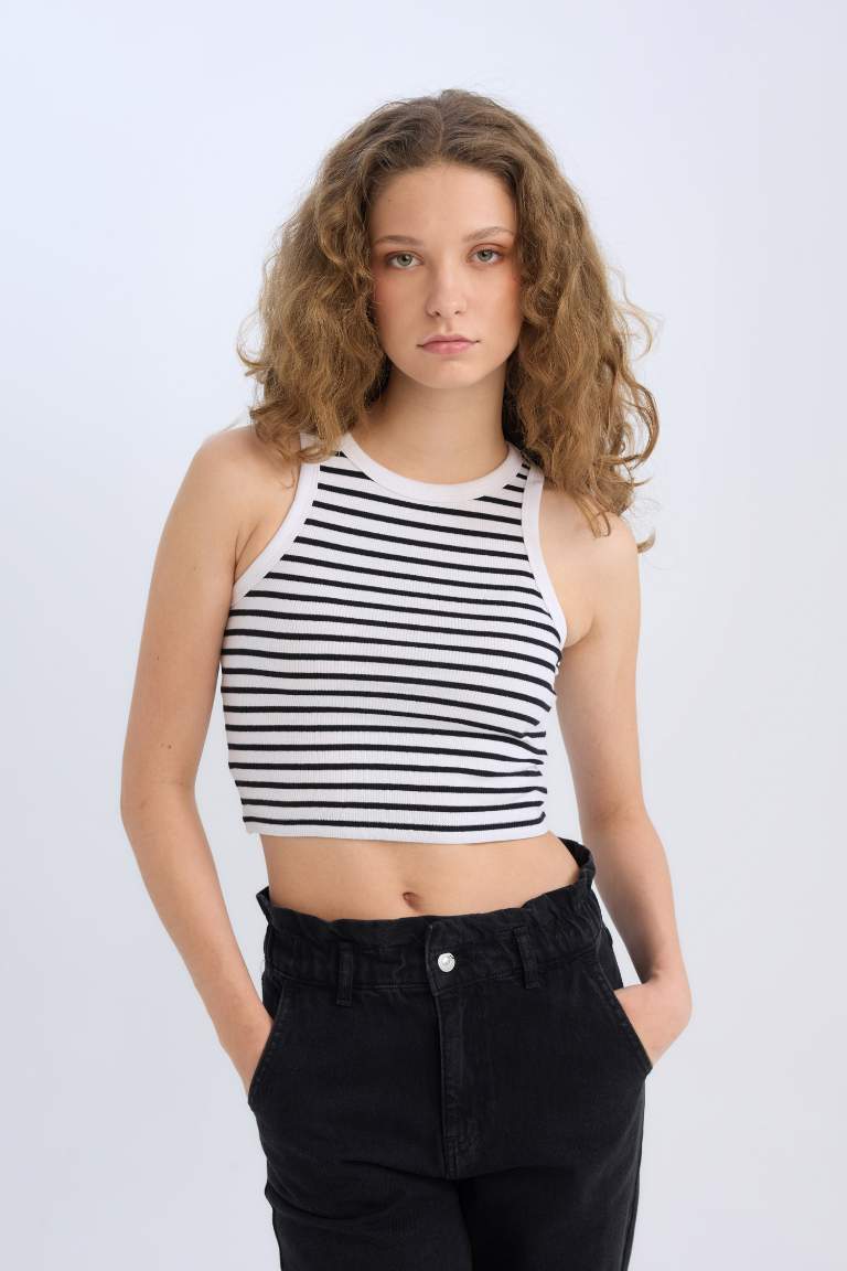 Fitted Crew Neck Striped Ribbed Camisole Crop Top