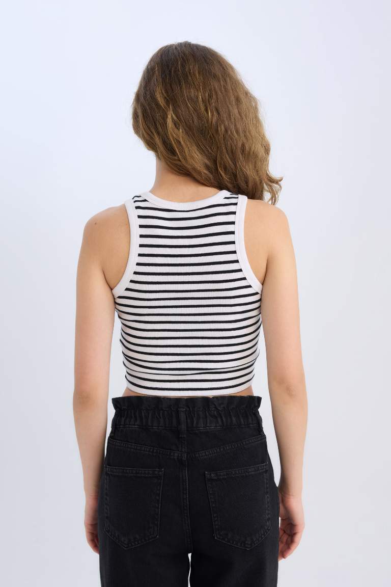 Fitted Crew Neck Striped Ribbed Camisole Crop Top