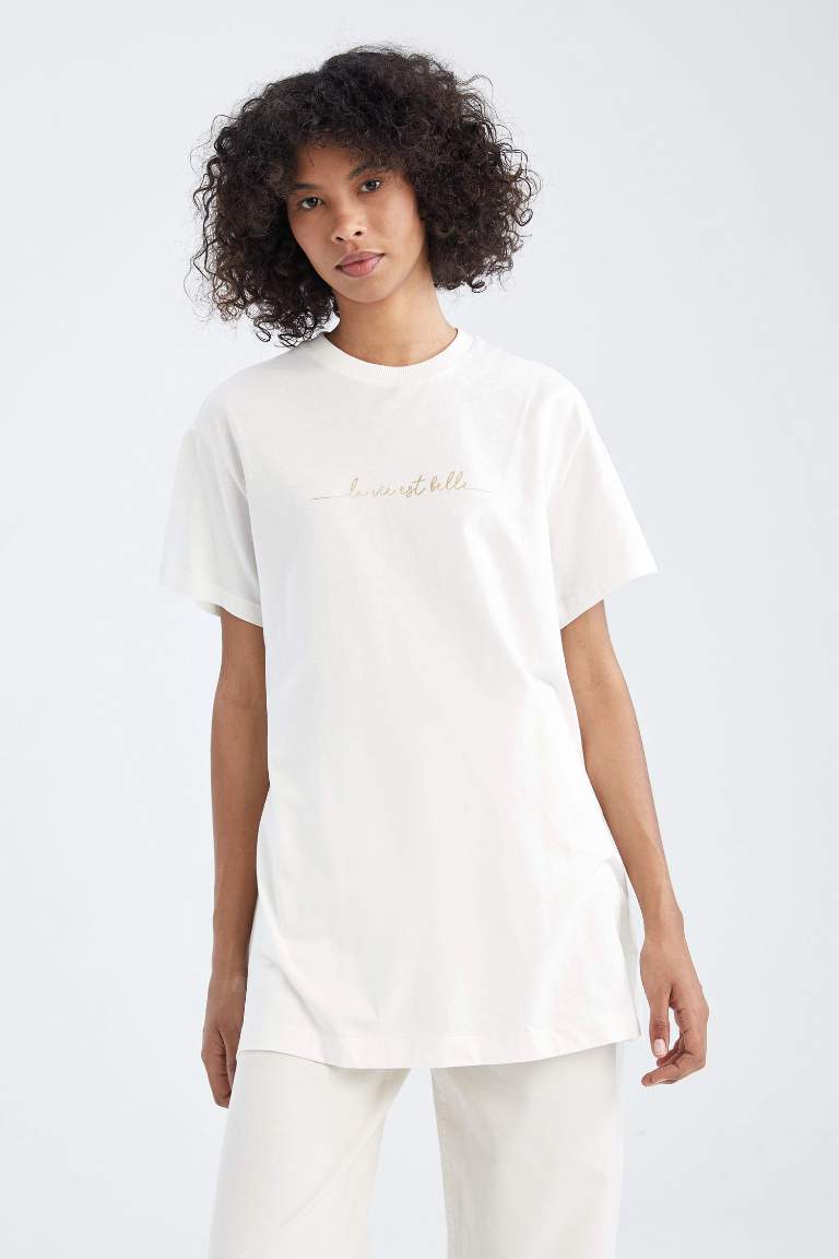 Regular Fit Varak Slogan Baskılı %100 Pamuk Tunik