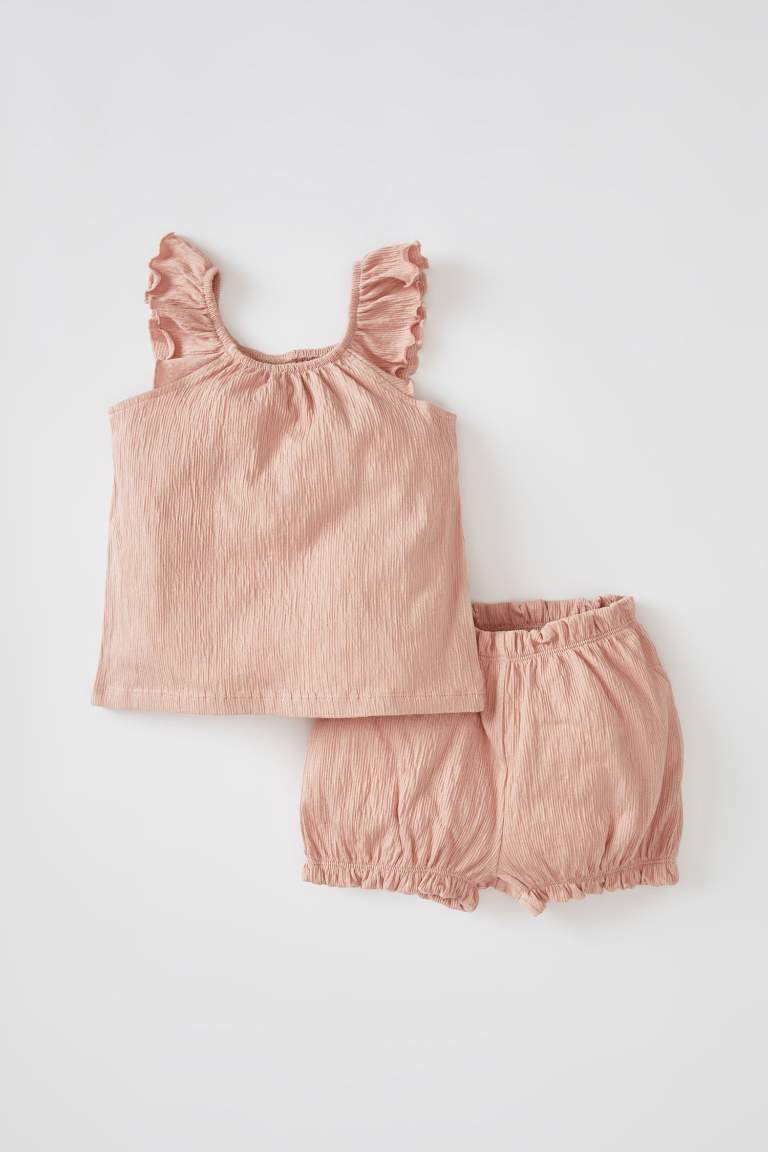 Baby Girl Sleeveless Crinkle Fabric Blouse Shorts 2 Piece Set