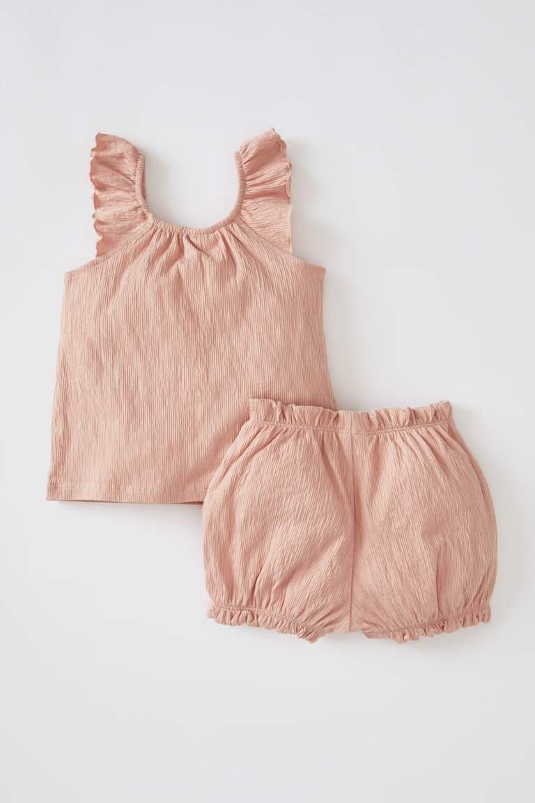 Baby Girl Sleeveless Crinkle Fabric Blouse Shorts 2 Piece Set