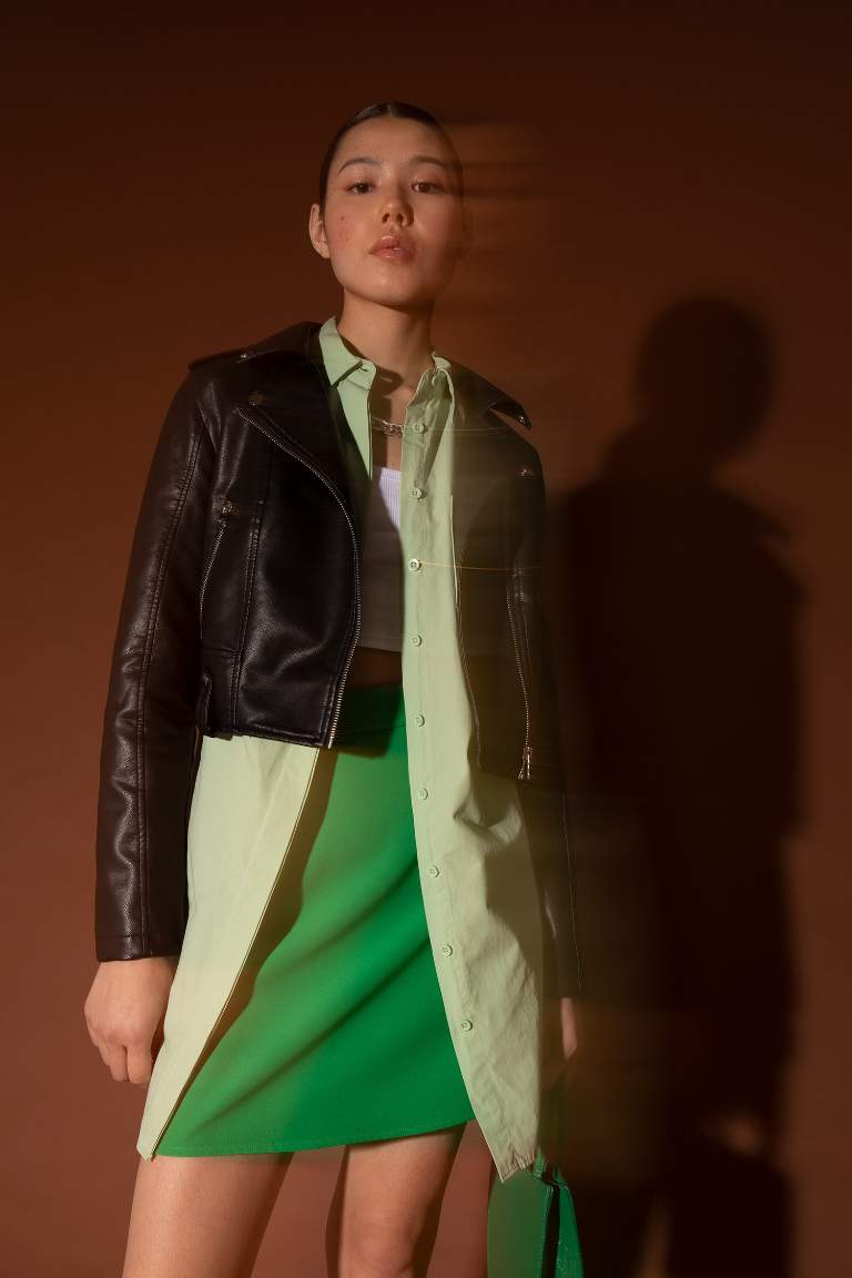 Regular Fit Suni Deri Crop Biker Ceket