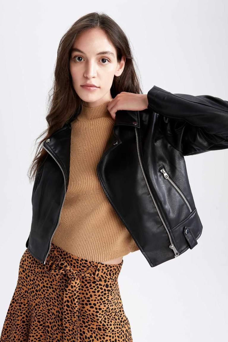 Regular Fit Suni Deri Crop Biker Ceket