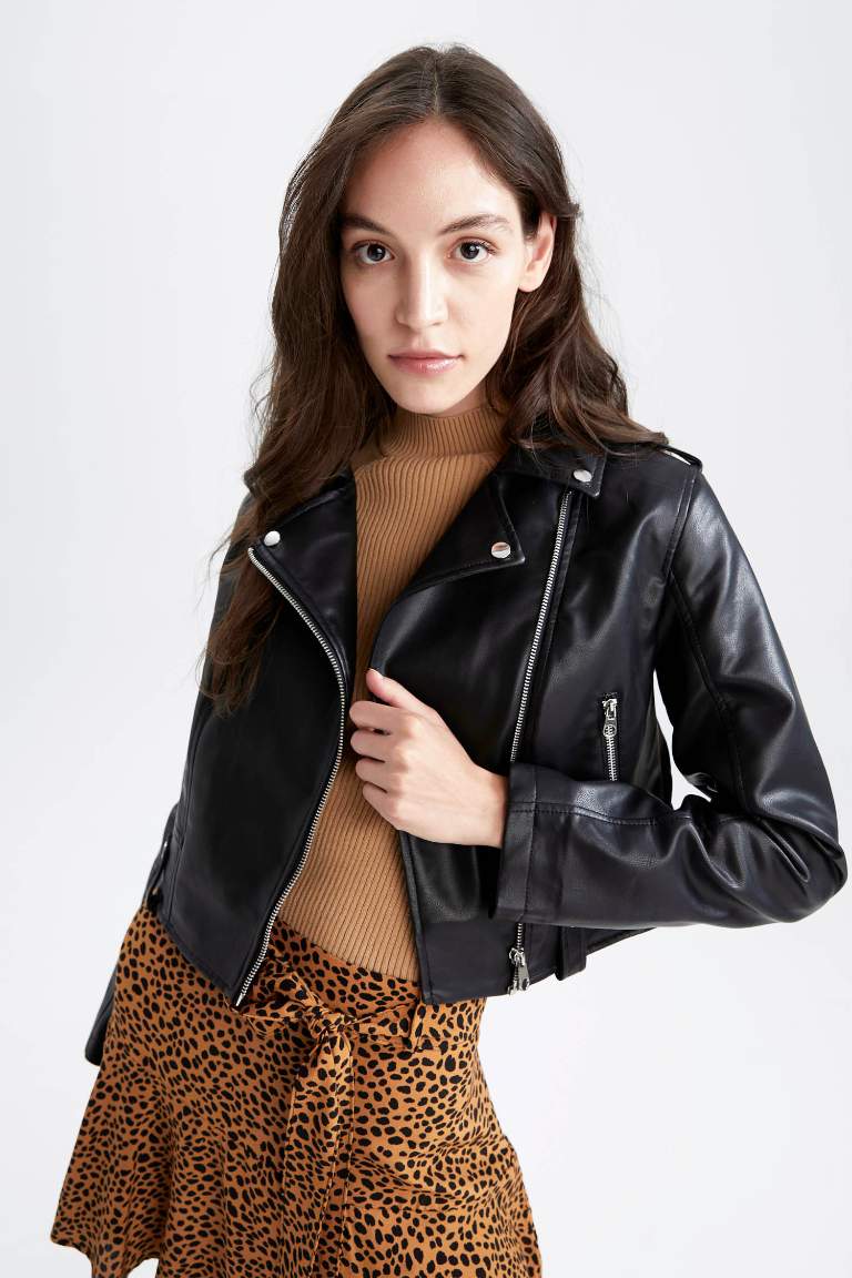 Regular Fit Suni Deri Crop Biker Ceket