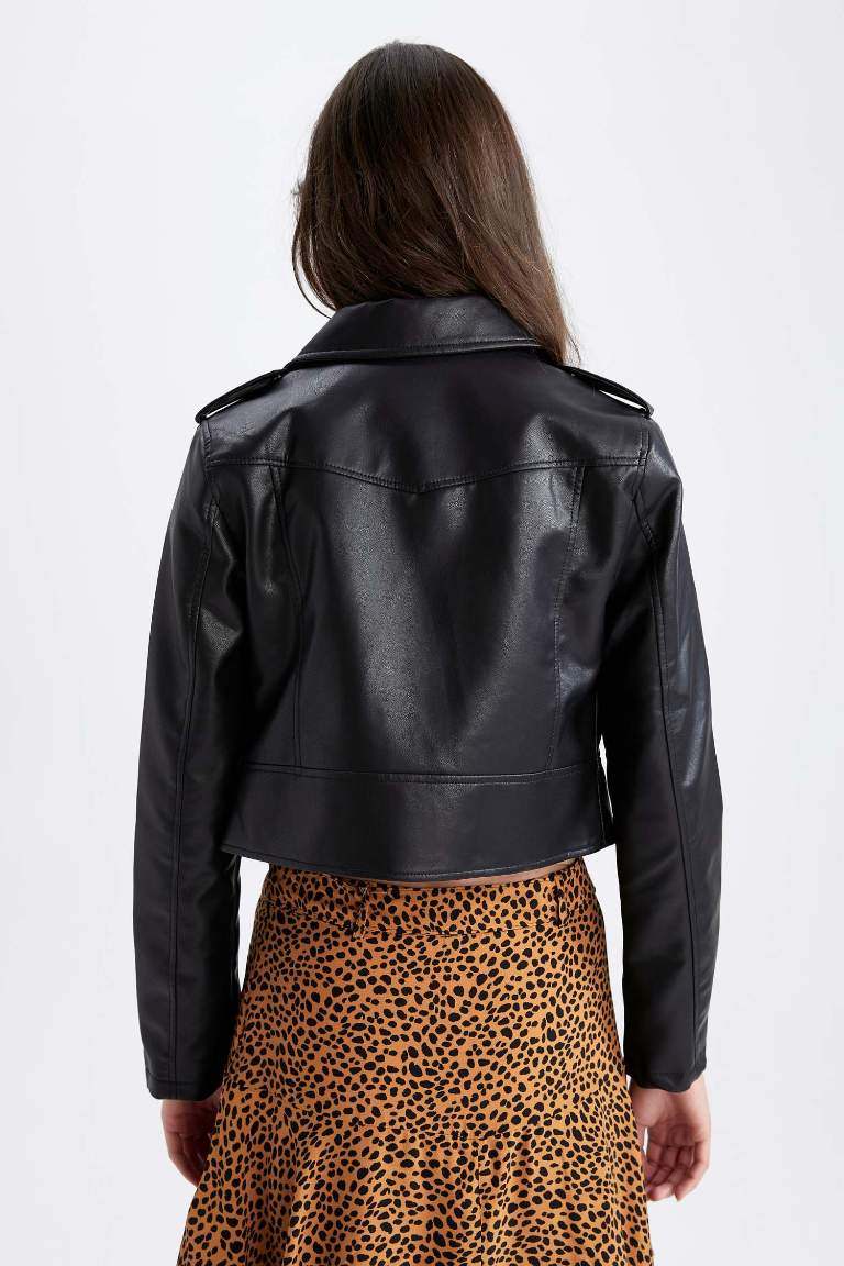 Regular Fit Suni Deri Crop Biker Ceket