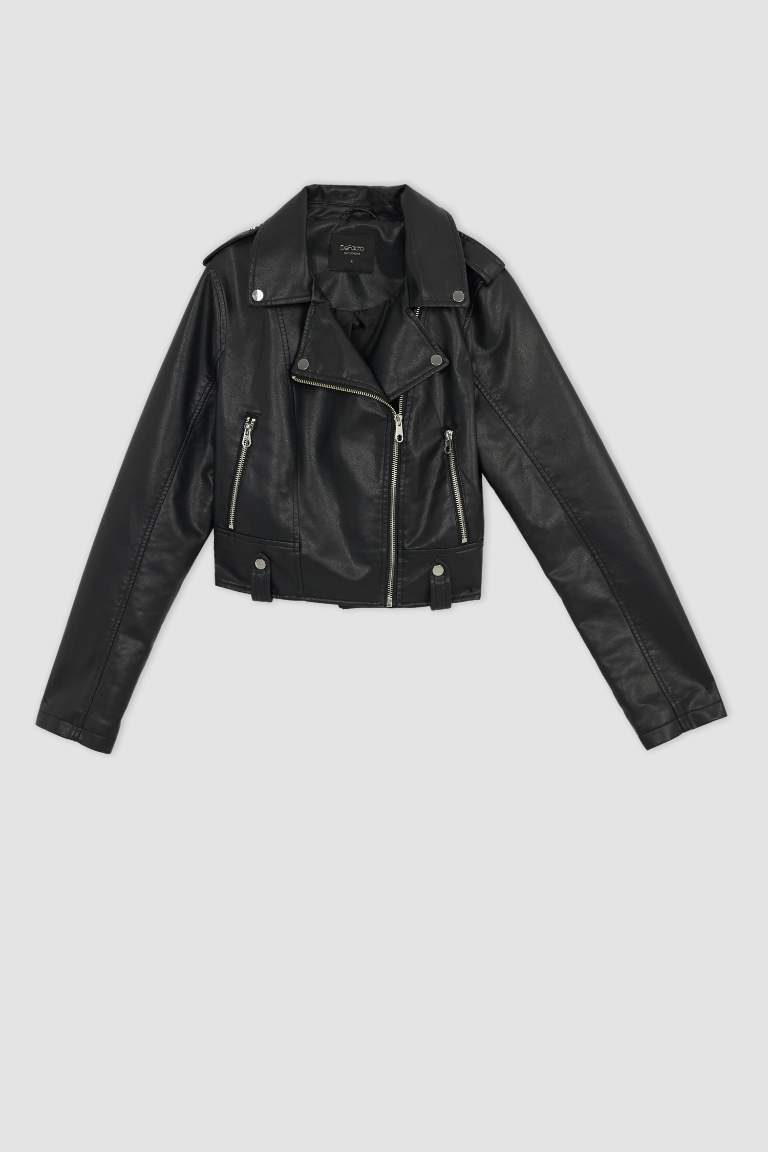 Regular Fit Suni Deri Crop Biker Ceket