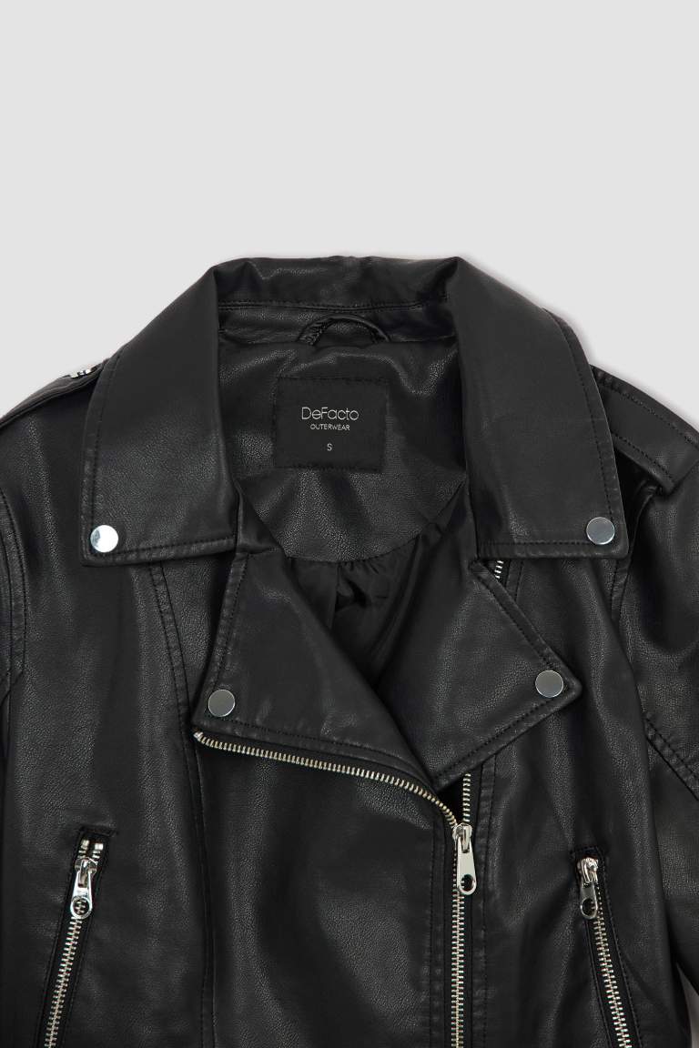 Regular Fit Suni Deri Crop Biker Ceket