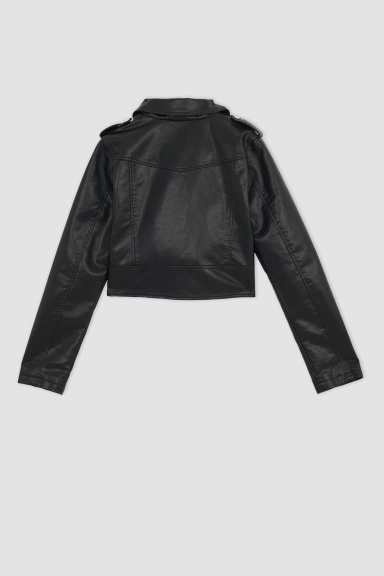 Regular Fit Suni Deri Crop Biker Ceket
