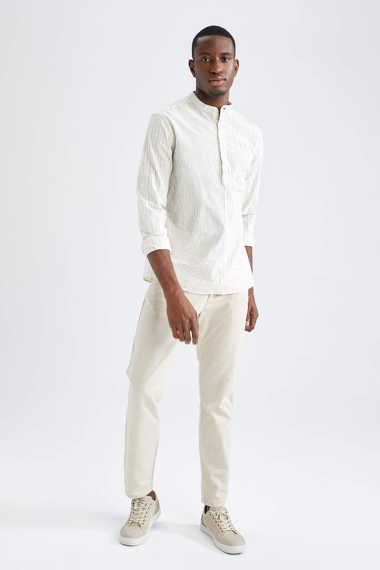 Modern Fit Dik Yaka Çizgi Desenli Uzun Kollu Gömlek
