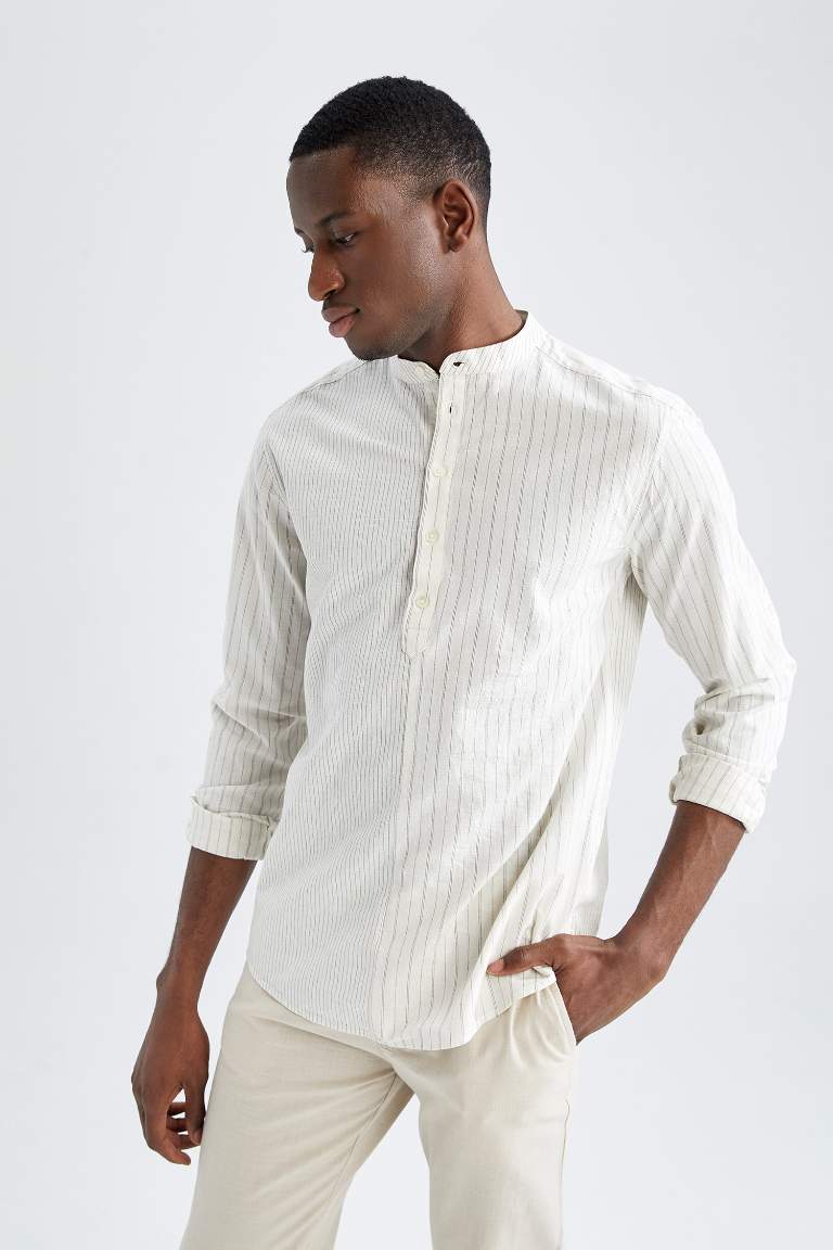 Modern Fit Dik Yaka Çizgi Desenli Uzun Kollu Gömlek