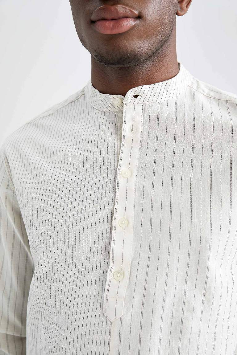 Modern Fit Dik Yaka Çizgi Desenli Uzun Kollu Gömlek