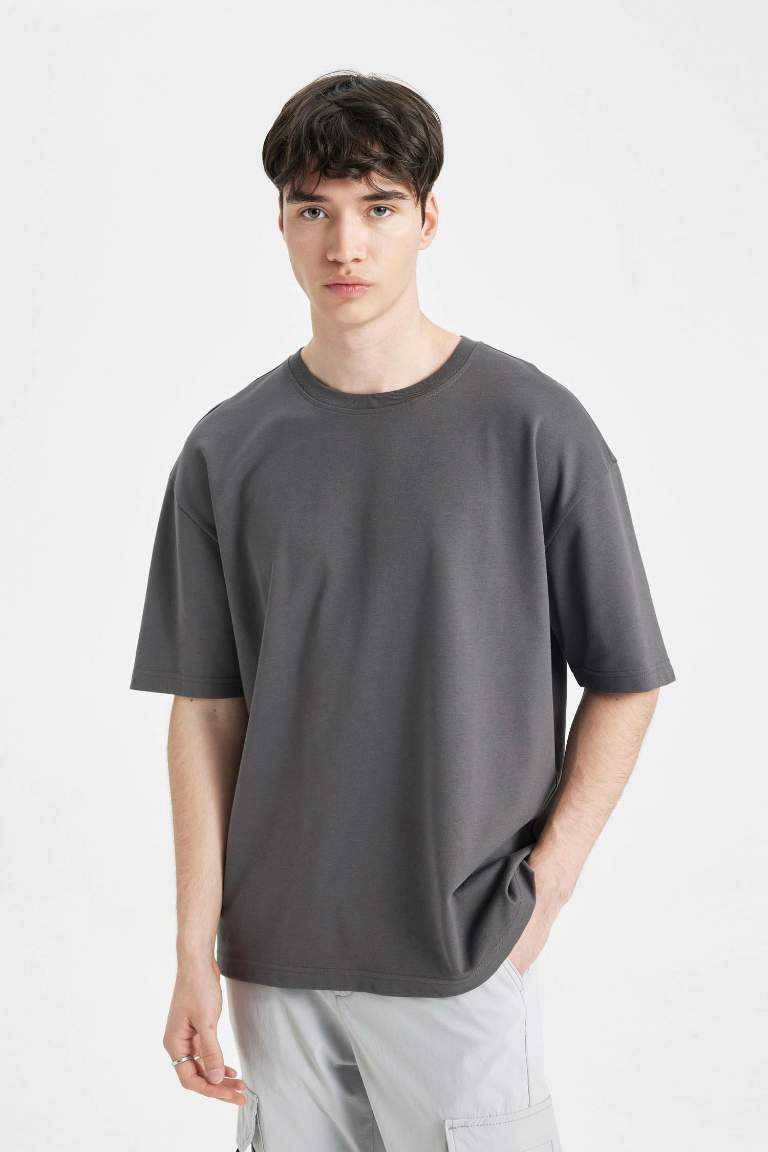 Anthracite Oversize Fit Crew Neck Heavy Fabric Basic T-Shirt