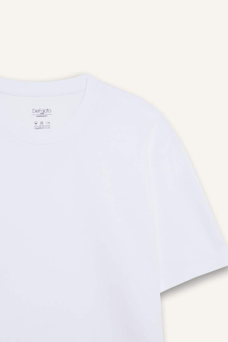 Oversize Geniş Kalıp Ütü Gerektirmeyen Bisiklet Yaka Kısa Kollu Basic Düz Ağır Kumaş Beyaz Tişört