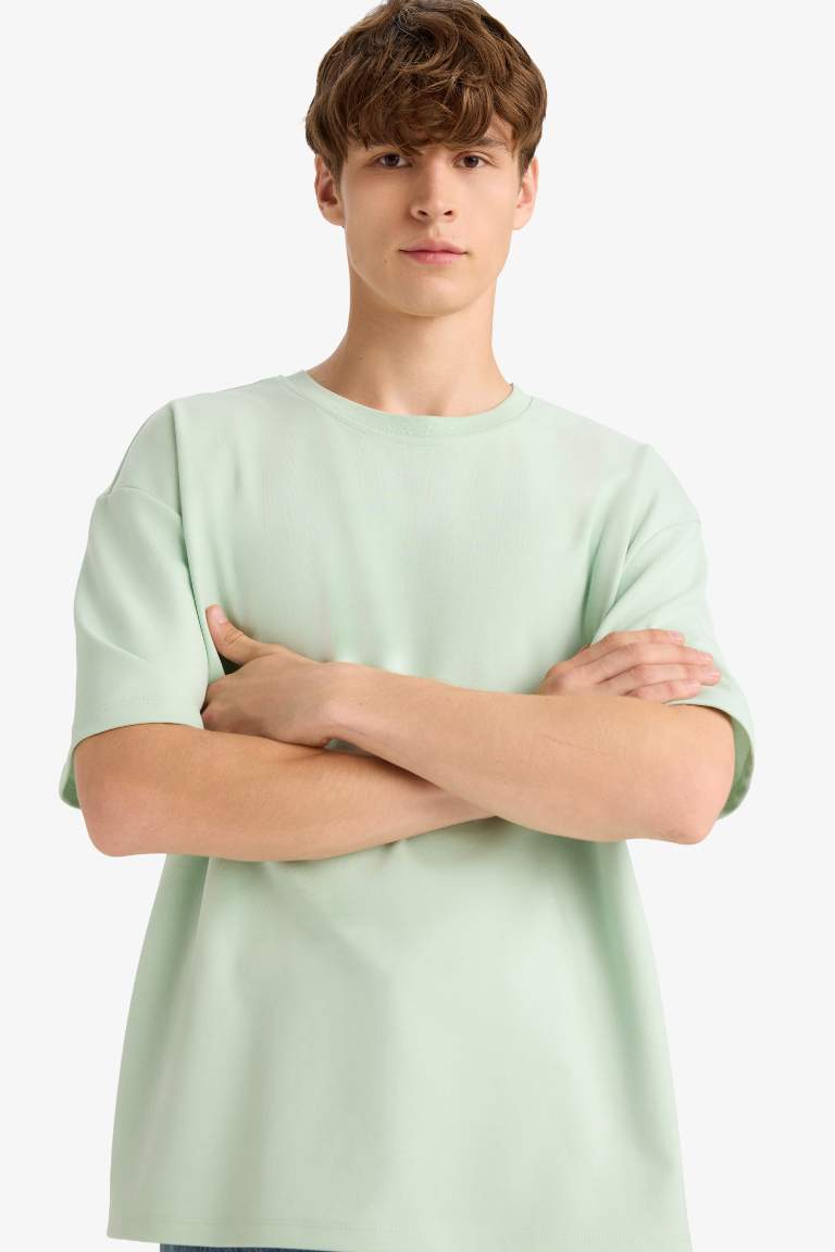 Oversize Geniş Kalıp Ütü Gerektirmeyen Bisiklet Yaka Kısa Kollu Basic Düz Ağır Kumaş Tişört