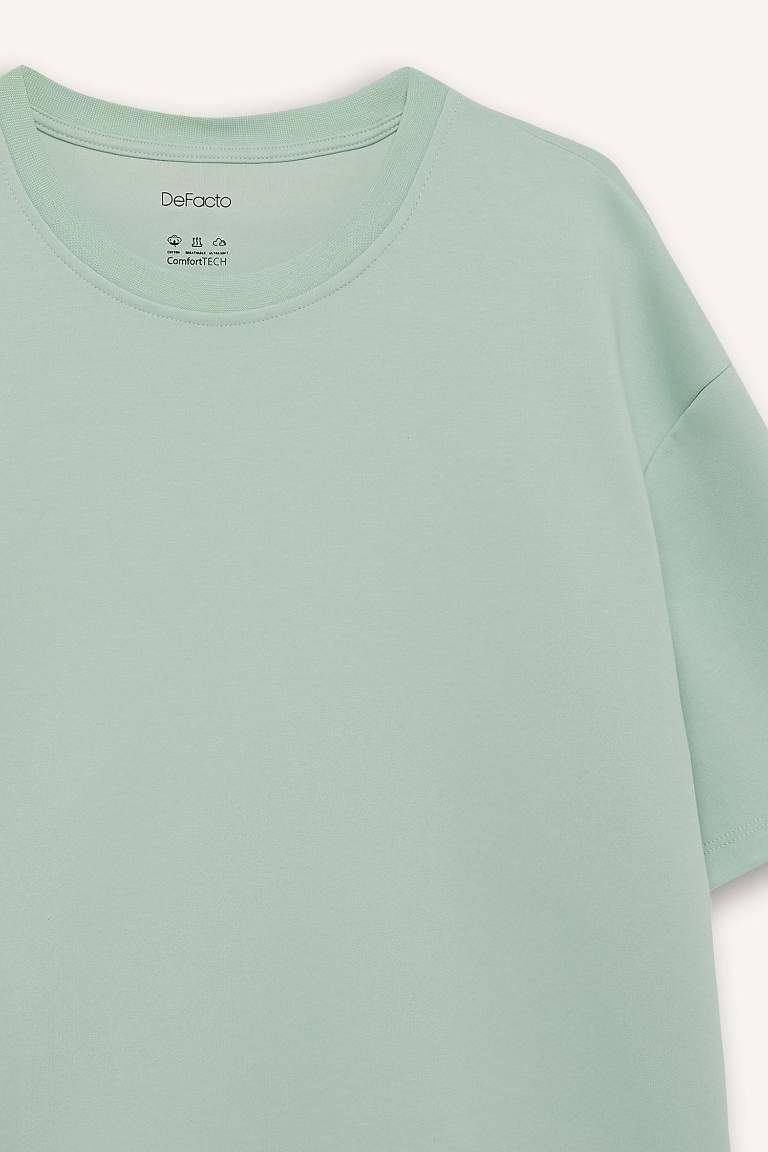 Oversize Geniş Kalıp Ütü Gerektirmeyen Bisiklet Yaka Kısa Kollu Basic Düz Ağır Kumaş Tişört