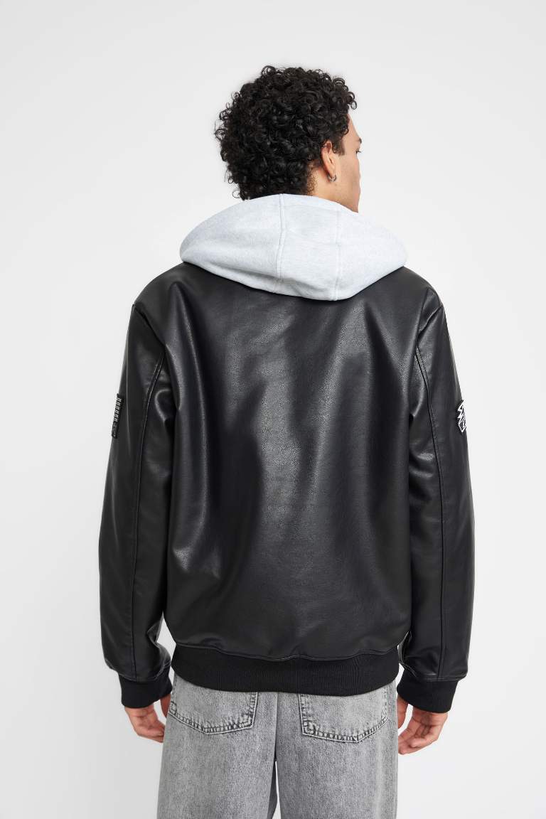 Oversize Geniş Kalıp Kapüşonlu Bomber Suni Deri Mont
