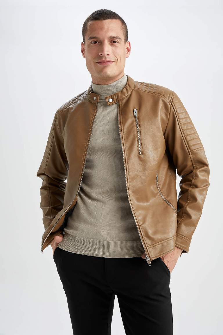 Slim Fit Deri Su Geçirmez  Fermuar Kapamalı Cepli Mevsimlik Suni Deri Mont Ceket