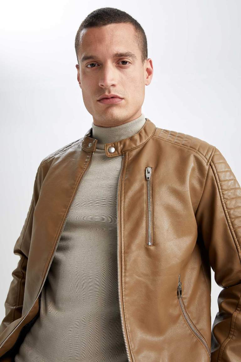 Slim Fit Deri Su Geçirmez  Fermuar Kapamalı Cepli Mevsimlik Suni Deri Mont Ceket
