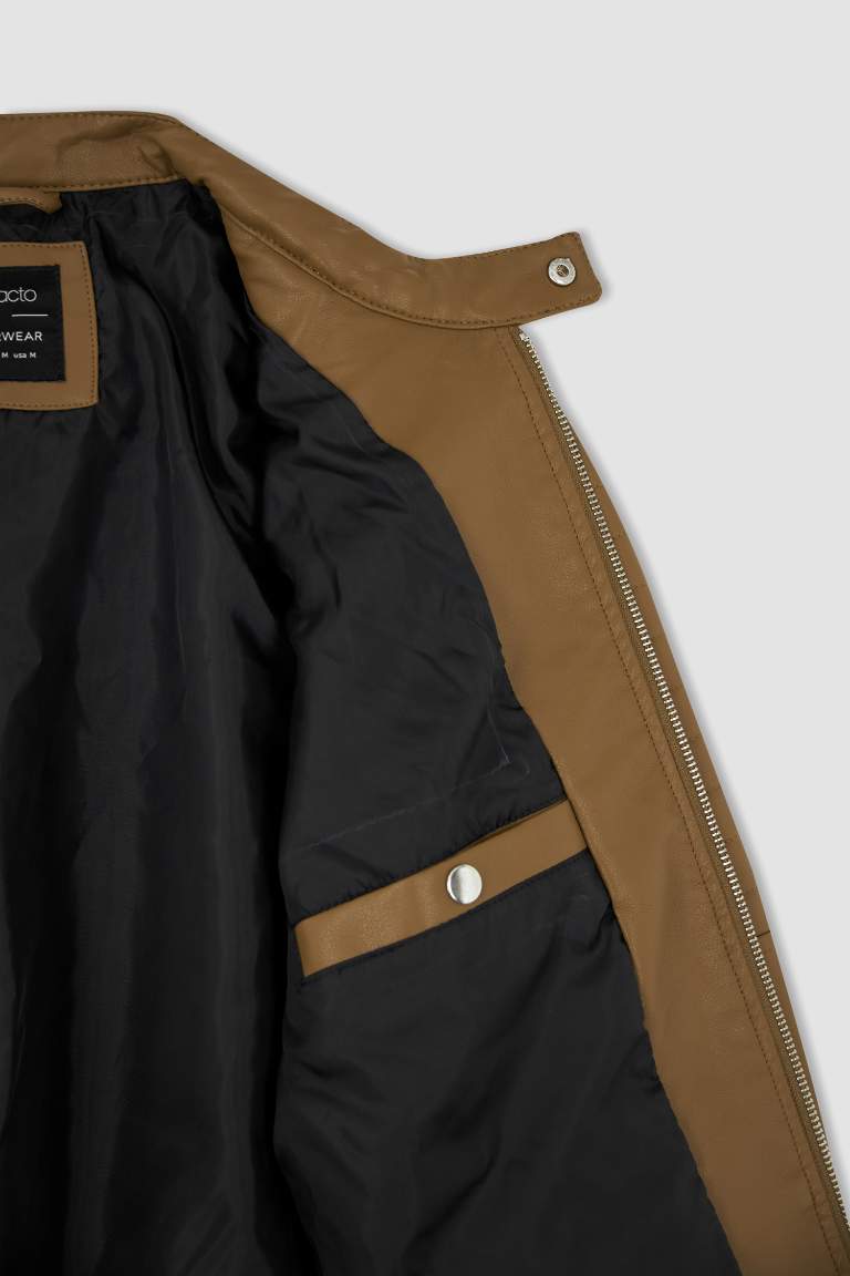 Slim Fit Deri Su Geçirmez  Fermuar Kapamalı Cepli Mevsimlik Suni Deri Mont Ceket