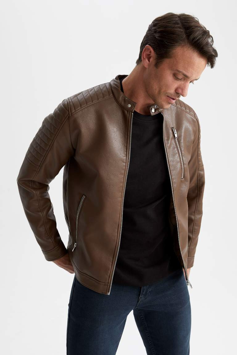 Slim Fit Deri Su Geçirmez Fermuar Kapamalı Cepli Mevsimlik Suni Deri Mont Ceket