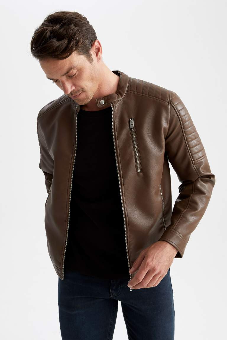 Slim Fit Deri Su Geçirmez Fermuar Kapamalı Cepli Mevsimlik Suni Deri Mont Ceket