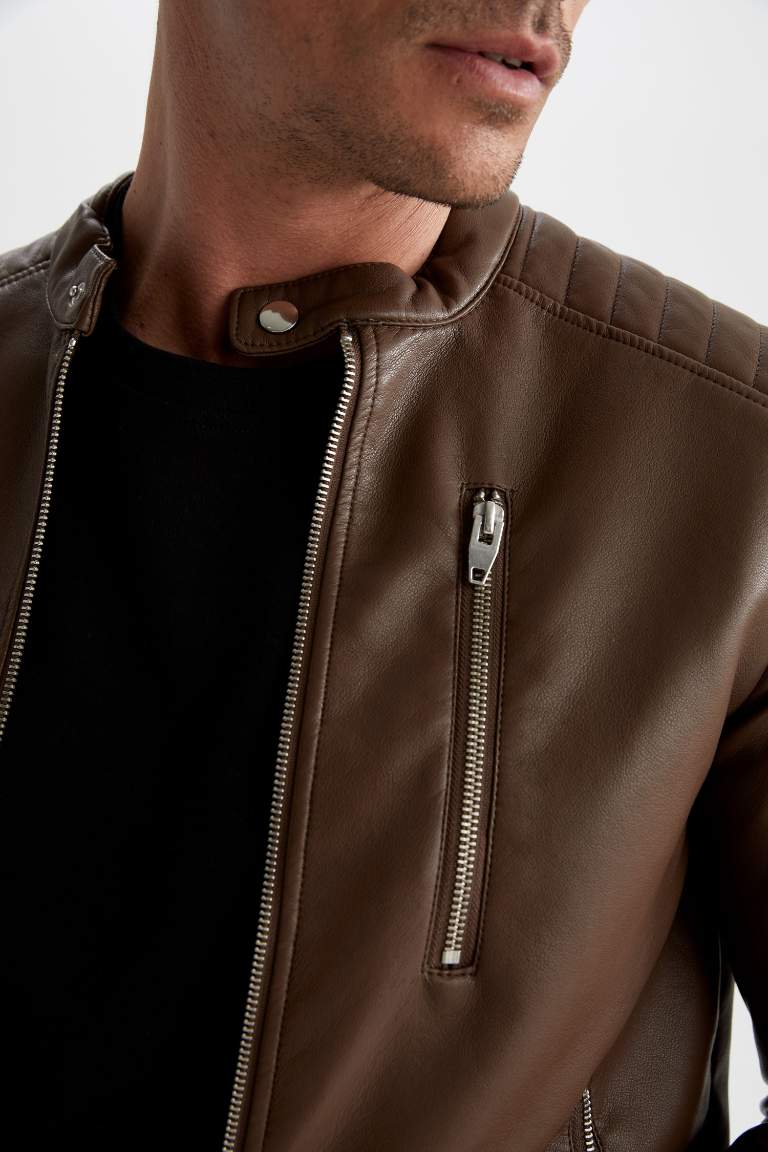 Slim Fit Deri Su Geçirmez Fermuar Kapamalı Cepli Mevsimlik Suni Deri Mont Ceket