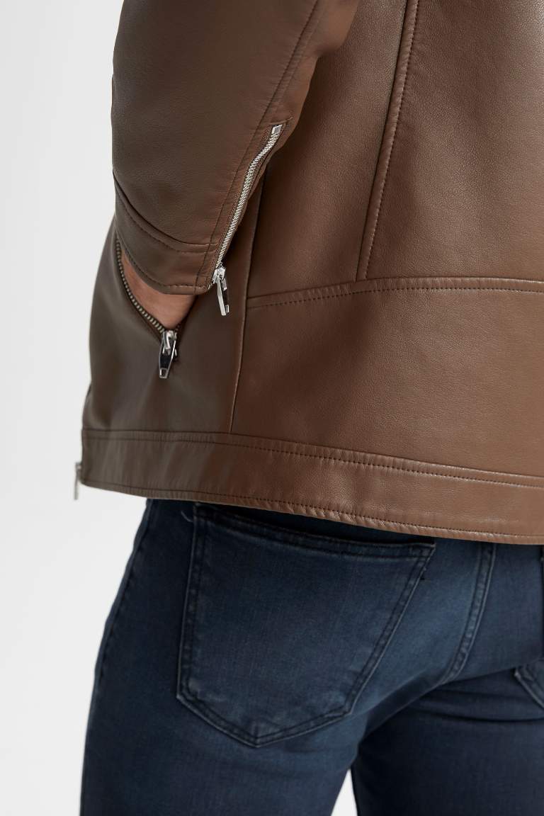 Slim Fit Deri Su Geçirmez Fermuar Kapamalı Cepli Mevsimlik Suni Deri Mont Ceket