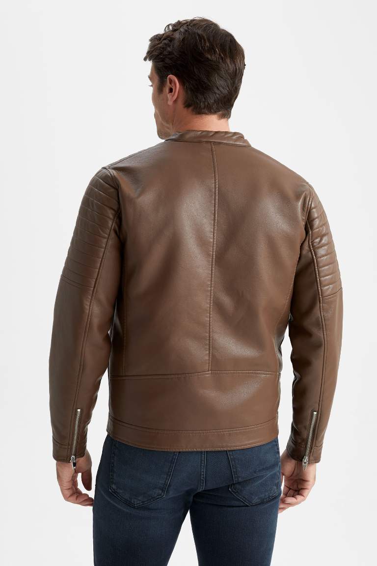 Slim Fit Deri Su Geçirmez Fermuar Kapamalı Cepli Mevsimlik Suni Deri Mont Ceket