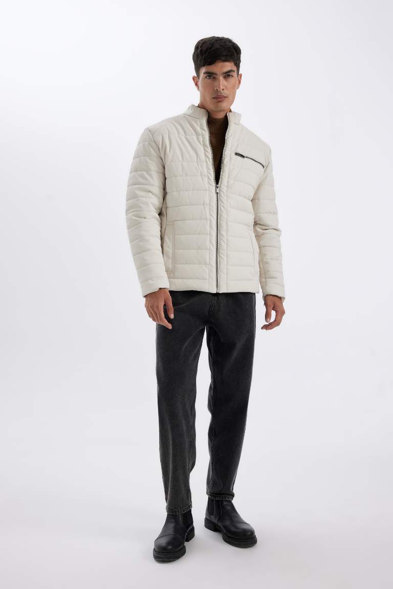 Su Geçirmez Slim Fit Dar Kesim Dik Yaka Fermuarlı İç Cepli Sunş Deri Ceket Mont