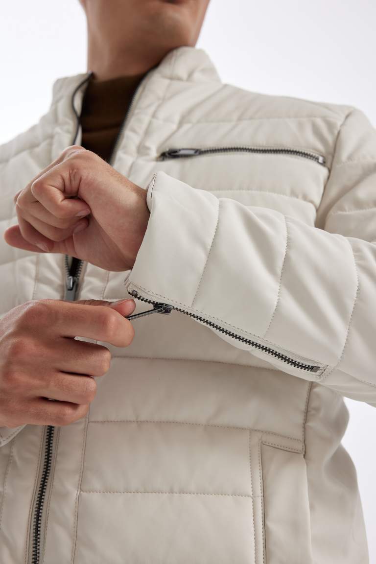 Su Geçirmez Slim Fit Dar Kesim Dik Yaka Fermuarlı İç Cepli Sunş Deri Ceket Mont