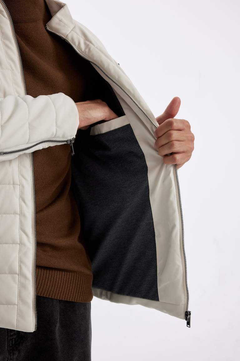 Su Geçirmez Slim Fit Dar Kesim Dik Yaka Fermuarlı İç Cepli Sunş Deri Ceket Mont