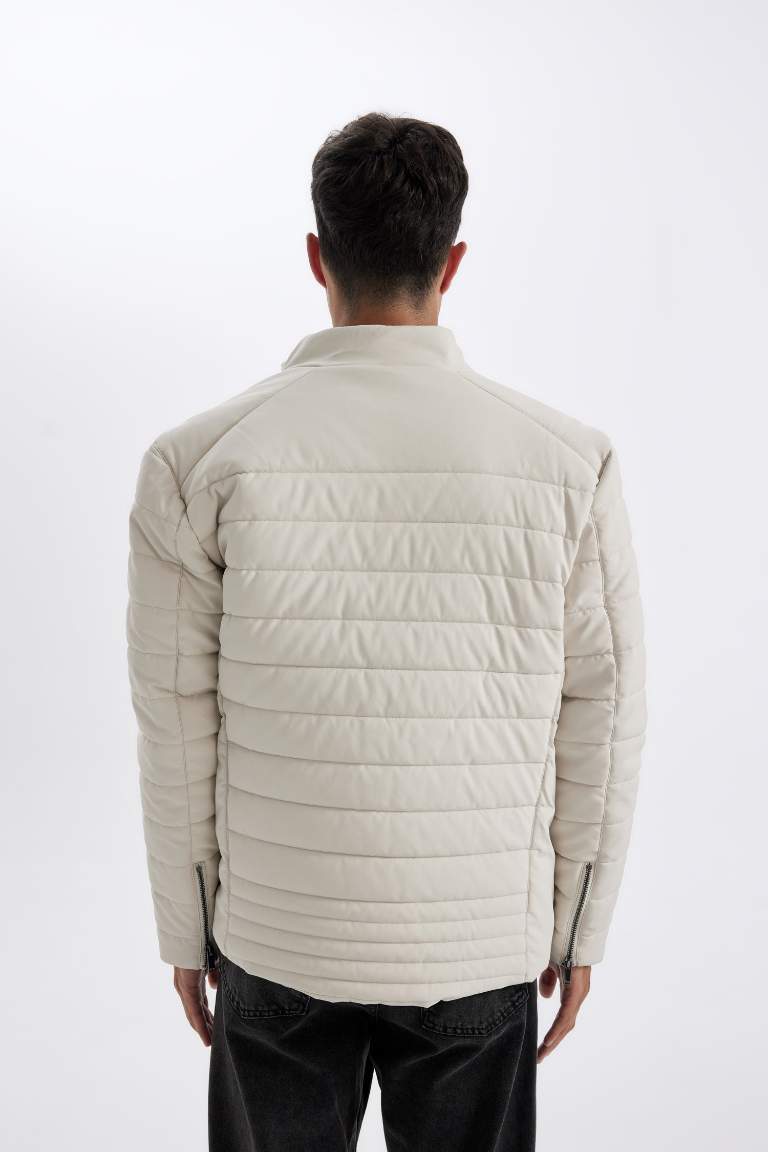 Su Geçirmez Slim Fit Dar Kesim Dik Yaka Fermuarlı İç Cepli Sunş Deri Ceket Mont